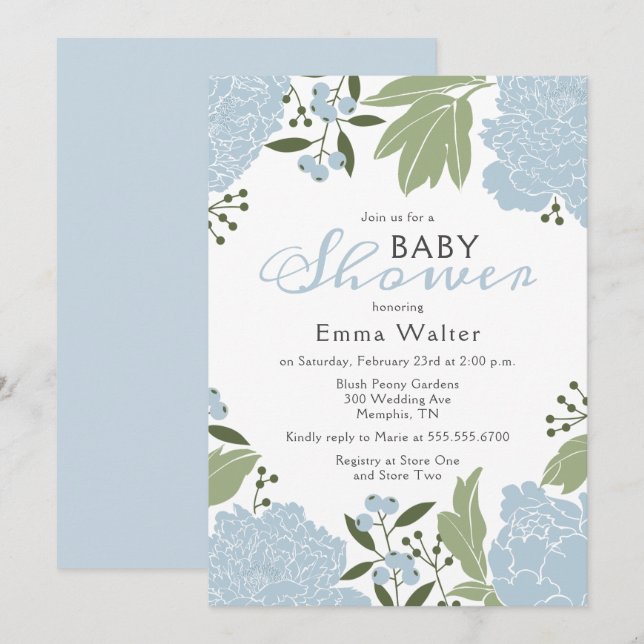 Invitation Baby shower Dusty Blue Peonies (Devant / Derrière)