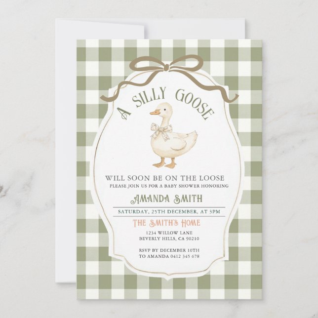 Invitation Baby shower Dusty Green En vichy Goose (Devant)