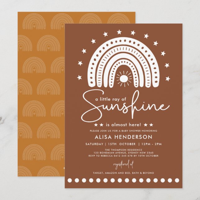 Invitation Baby shower Earthy Terracotta Rainbow & Sunshine (Devant / Derrière)