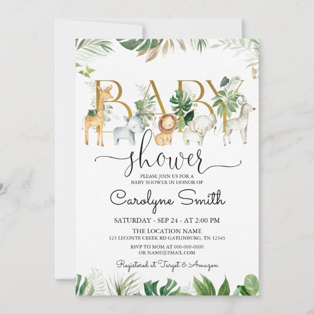 Invitation Baby shower écologique chic Safari Animaux (Devant)