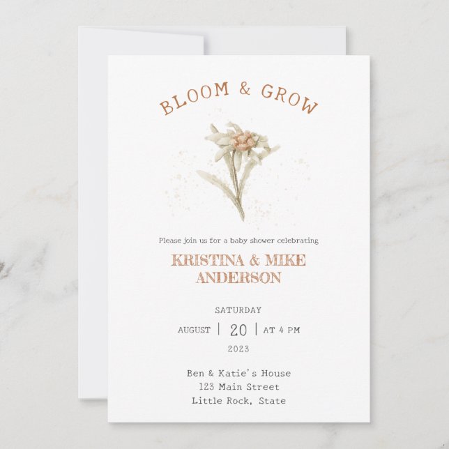Invitation Baby shower Edelweiss tout-en-un en fleurs et en c (Devant)