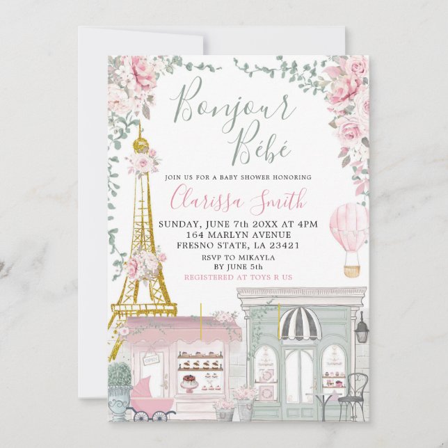 Invitation Baby shower Eiffel français rose et vert Eiffel (Devant)