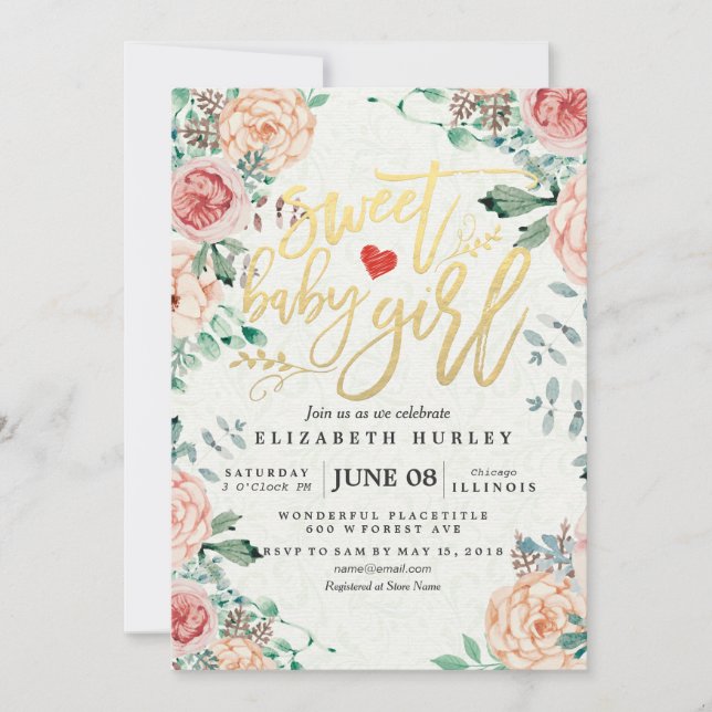 Invitation Baby shower Elegant Aquarelle Floral Gold Script (Devant)