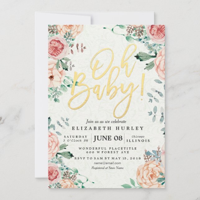 Invitation Baby shower Elegant Aquarelle Floral Gold Script (Devant)