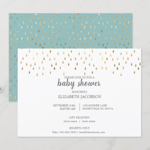 Invitation Baby shower Elégant Baby Blue & Gold Raindrops