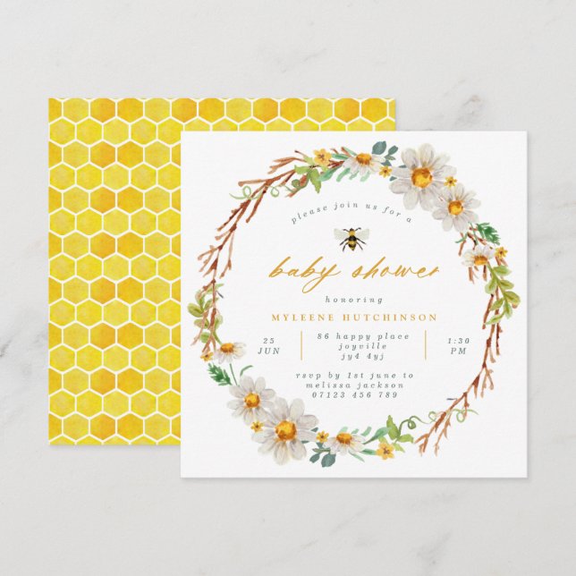 Invitation Baby shower Elegant Bee and Daisies (Devant / Derrière)