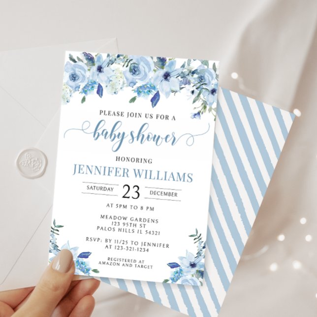 Invitation Baby shower élégant bleu aquarelle floral pour gar (Créateur téléchargé)