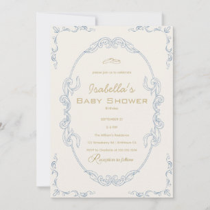 Invitation Baby shower élégant bleu beige et or