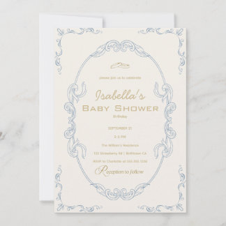 Invitation Baby shower élégant bleu beige et or