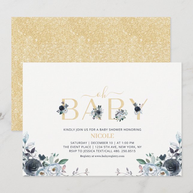 Invitation Baby Shower Élégant Bleu Nuit & Or Bohème Floral (Devant / Derrière)