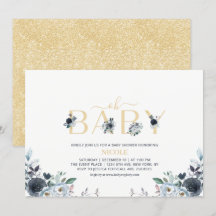 Baby Shower Élégant Bleu Nuit & Or Bohème Floral