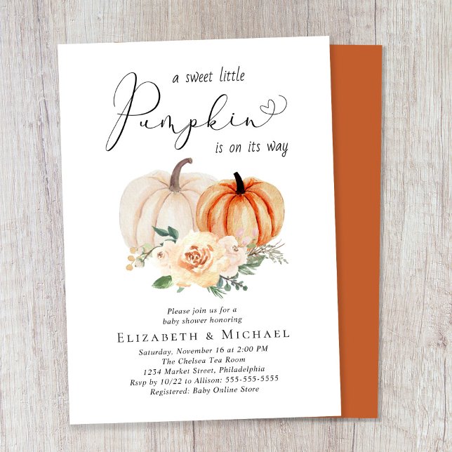 Invitation Baby shower Elégant Citrouille Aquarelle Couples (Celebrate the upcoming arrival of your sweet autumn baby with a couple's pumpkin-themed baby shower)