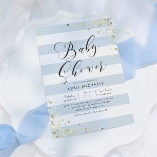 Invitation Baby shower   Elégant Confetti Or & Bleu Stripes
