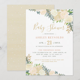 Invitation Baby Shower Élégant Crème Or à Motifs Floraux