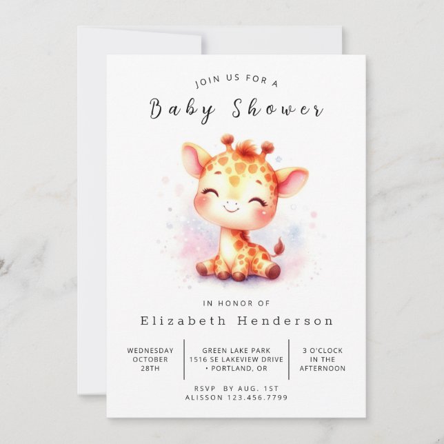 Invitation Baby shower élégant de girafe à imprimer (Devant)