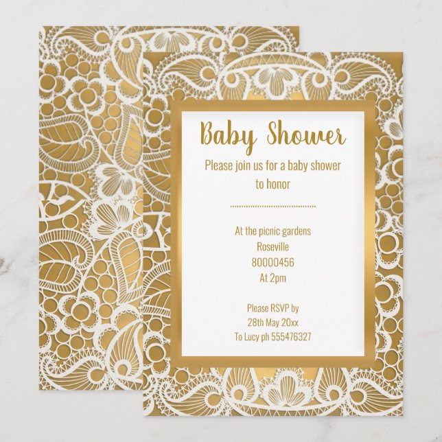 INVITATION BABY SHOWER ÉLÉGANT DE LA LACE D'OR BLANC GOLD TRI (Devant / Derrière)