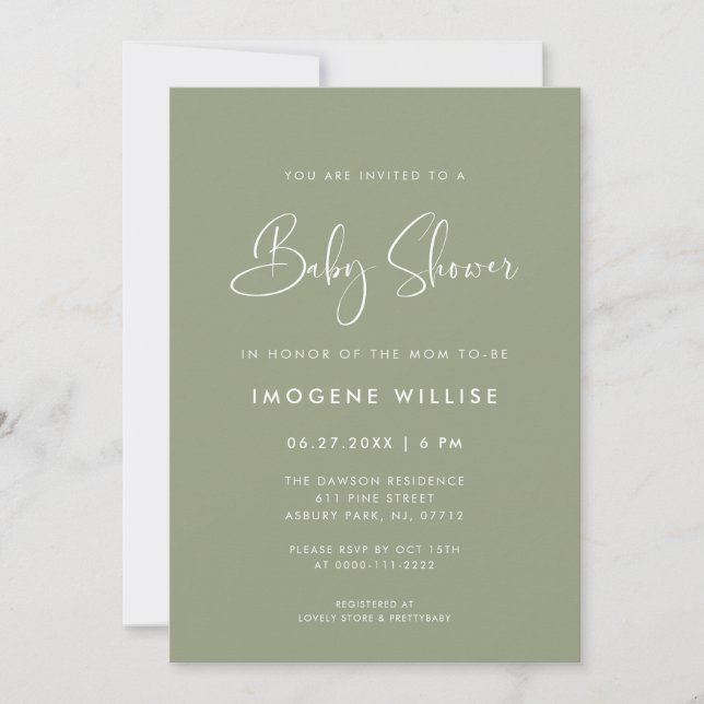 Invitation Baby shower élégant et moderne Sage Green (Devant)