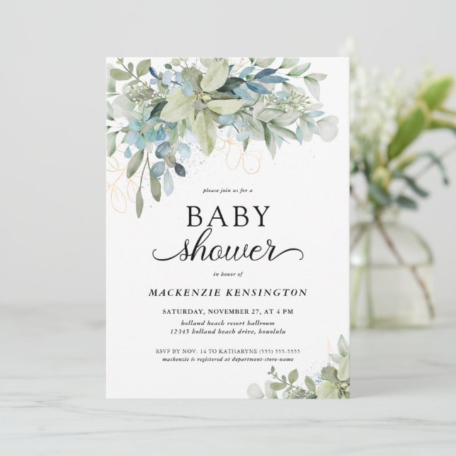 Invitation Baby shower Élégant Eucalyptus verdoyant (Debout devant)