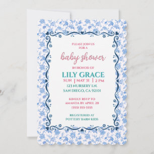 Invitation Baby-Shower Élégant Floral Ruban Bleu Shabby Chic 