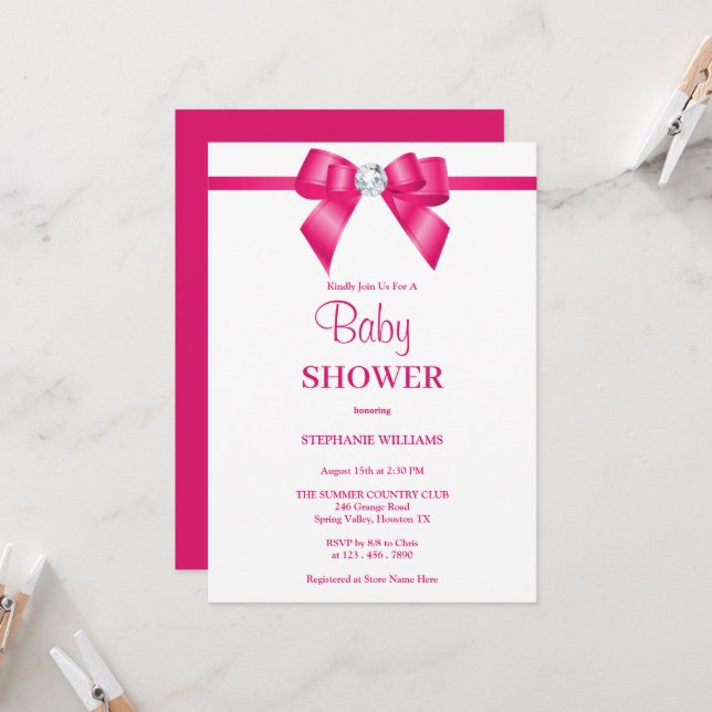 Invitation Baby shower élégant Hot Pink Jewel Bow (Devant/Arrière en situation)