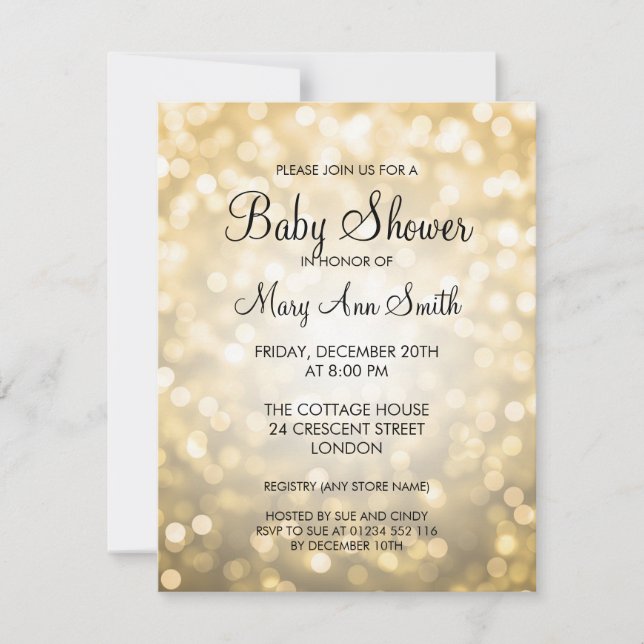 Invitation Baby Shower élégant Lumières dorées pailletées (Devant)