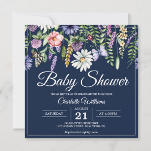 Invitation Baby shower Elégant Marine Fleur sauvage Bleu Flor