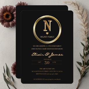Invitation Baby Shower Élégant Monogramme Noir et Or pour Fam