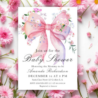 Invitation Baby Shower Élégant Nœud Floral Fille