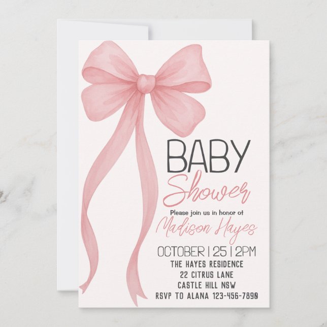 Invitation Baby shower Elegant Pink Bow (Devant)
