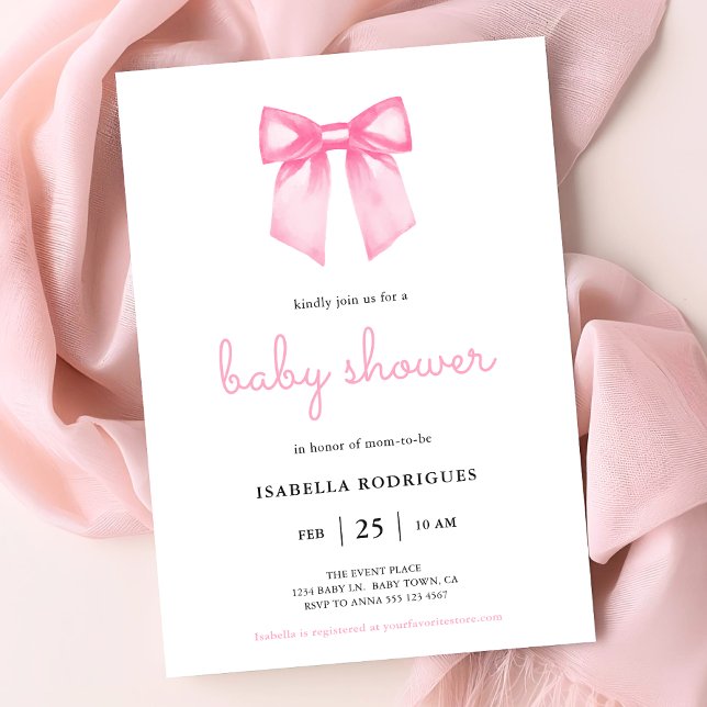 Invitation Baby shower Elegant Rose Aquarelle Bow (Invite shown in 5 x 7 inches, choose size, paper and corner style. Buy print or digital invitations.)