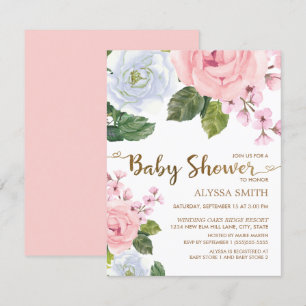 Invitation Baby Shower élégant rose blanc floral roses script