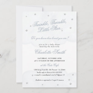 Invitation Baby shower élégant Twinkle Little Star Blue Grey