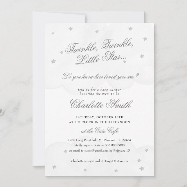 Invitation Baby shower élégant Twinkle Little Star Grey (Devant)