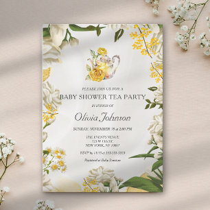 Invitation Baby Shower Élégant Vert Jaune Floral Thé Party