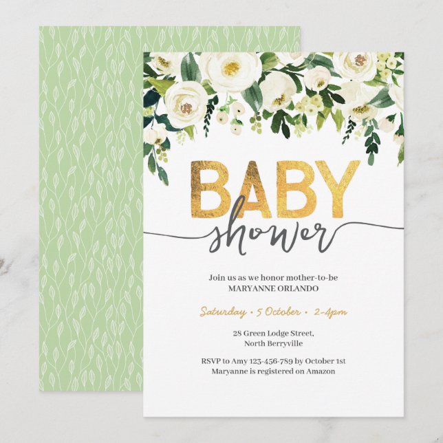 Invitation Baby shower Elegant White Roses (Devant / Derrière)