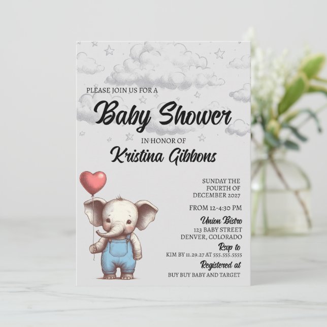 Invitation Baby shower éléphant (Debout devant)