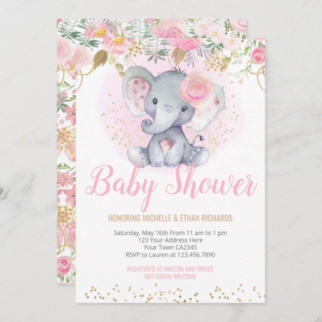 Invitation Baby shower éléphant (Devant / Derrière)