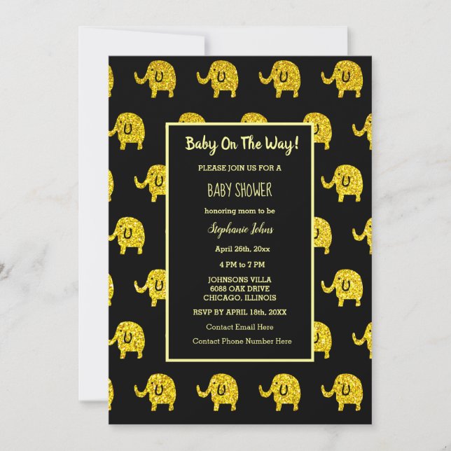 Invitation Baby shower Eléphant Animal Parties scintillant Or (Devant)