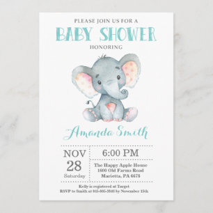 Invitation Baby shower éléphant Aqua et Grey