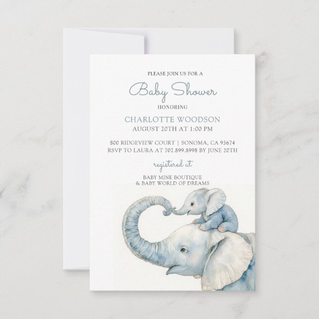 Invitation Baby shower Eléphant Aquarelle Cute (Devant)