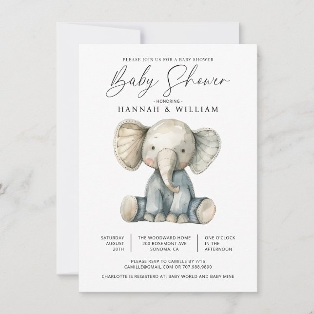 Invitation Baby shower Eléphant Aquarelle Cute (Devant)