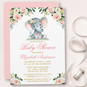 Invitation Baby shower Eléphant Aquarelle rose Floral Or