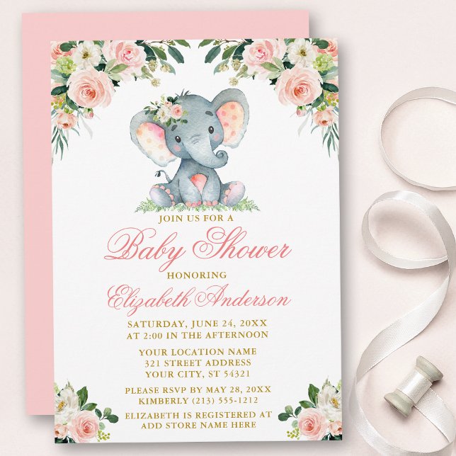 Invitation Baby shower Eléphant Aquarelle rose Floral Or (Customize to change text color, style, add text & photos to back or change color of back of card.)