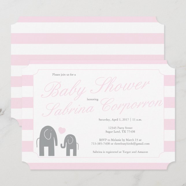 Invitation Baby shower éléphant avec bandes - rose clair (Devant / Derrière)