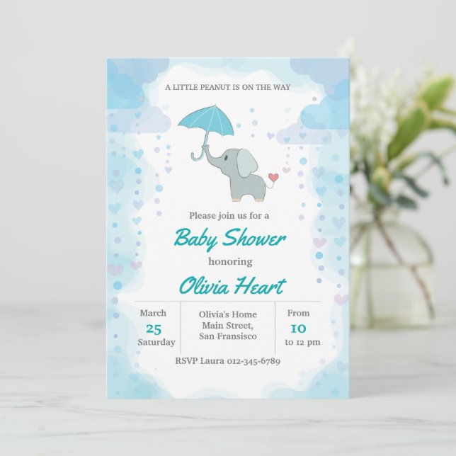 Invitation Baby shower éléphant, Baby shower garço (Debout devant)