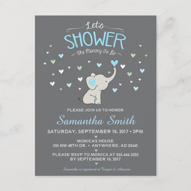 Invitation Baby shower éléphant, Baby shower garço (Devant)