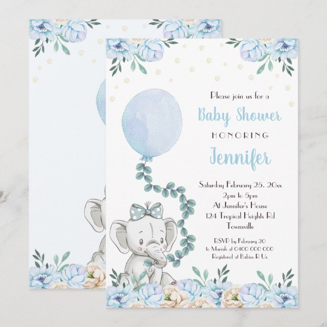 Invitation Baby shower éléphant Ballons Bébé bleu (Devant / Derrière)