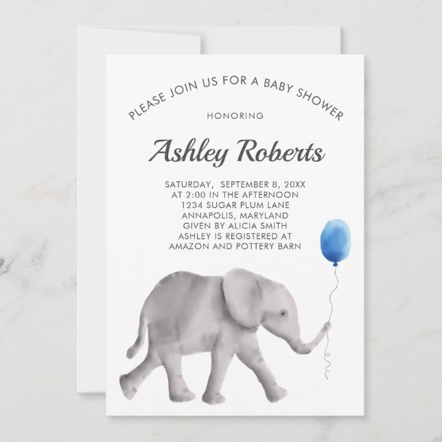 Invitation Baby shower Eléphant Bébé, Bleu & Gris (Devant)