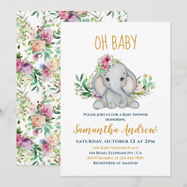 Invitation Baby shower Eléphant bébé et fleurs (Devant / Derrière)