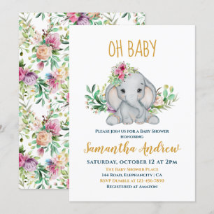 Invitation Baby shower Eléphant bébé et fleurs
